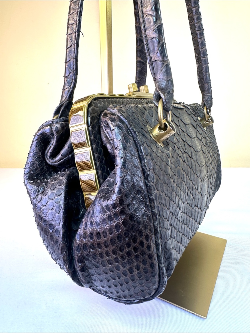Bottega Veneta RARE Kari Python Frame Baguette Ebano Brown/Charcoal Vintage COA - Picture 6 of 17